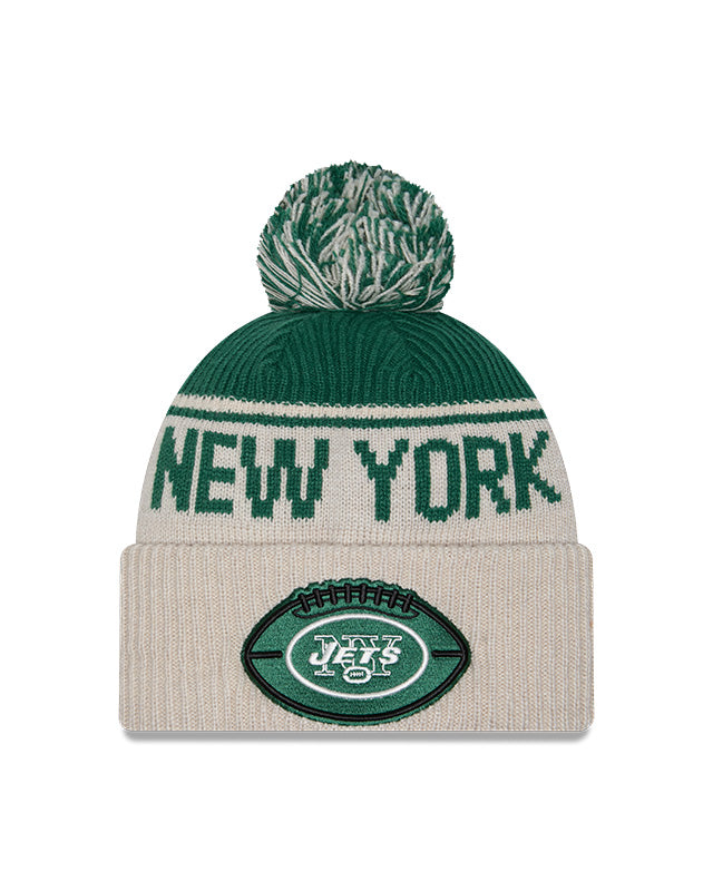 New York Jets 2024 New Era NFL Sideline Historic Cuffed Pom Knit - Cream