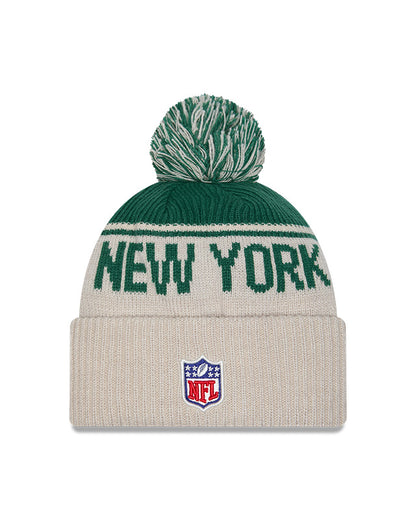 New York Jets 2024 New Era NFL Sideline Historic Cuffed Pom Knit - Cream