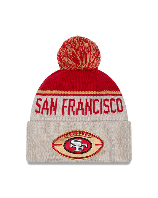 San Francisco 49ers 2024 New Era NFL Sideline Historic Cuffed Pom Knit - Cream