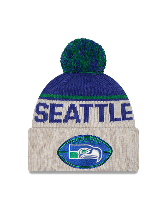 Seattle Seahawks 2024 New Era NFL Sideline Historic Cuffed Pom Knit - Cream