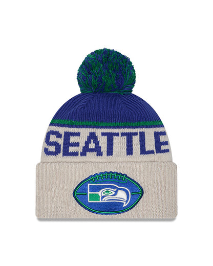 Seattle Seahawks 2024 New Era NFL Sideline Historic Cuffed Pom Knit - Cream - Pro League Sports Collectibles Inc.