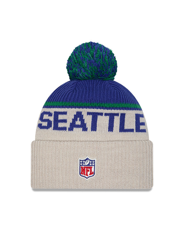 Seattle Seahawks 2024 New Era NFL Sideline Historic Cuffed Pom Knit - Cream