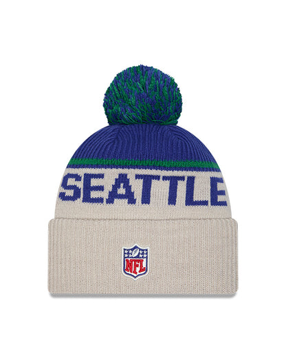 Seattle Seahawks 2024 New Era NFL Sideline Historic Cuffed Pom Knit - Cream