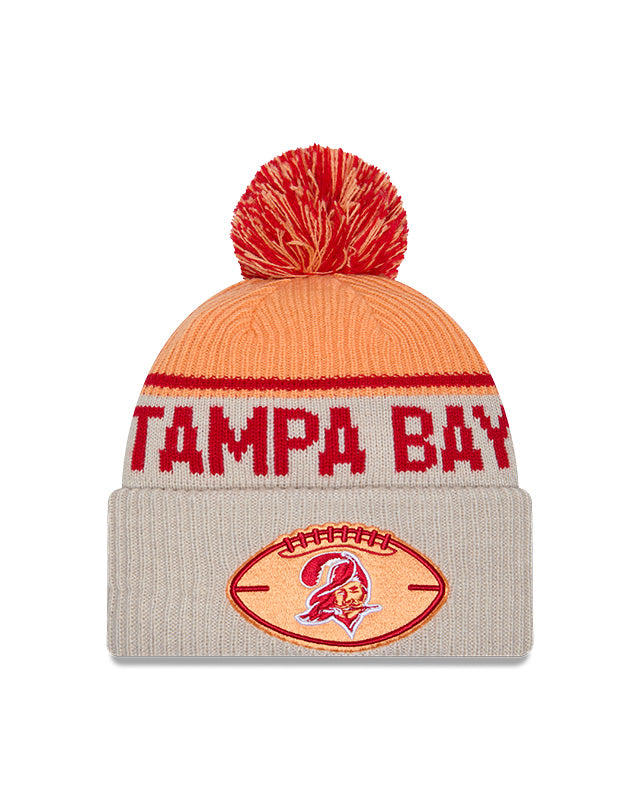 Tampa Bay Buccaneers 2024 New Era NFL Sideline Historic Cuffed Pom Knit - Cream - Pro League Sports Collectibles Inc.