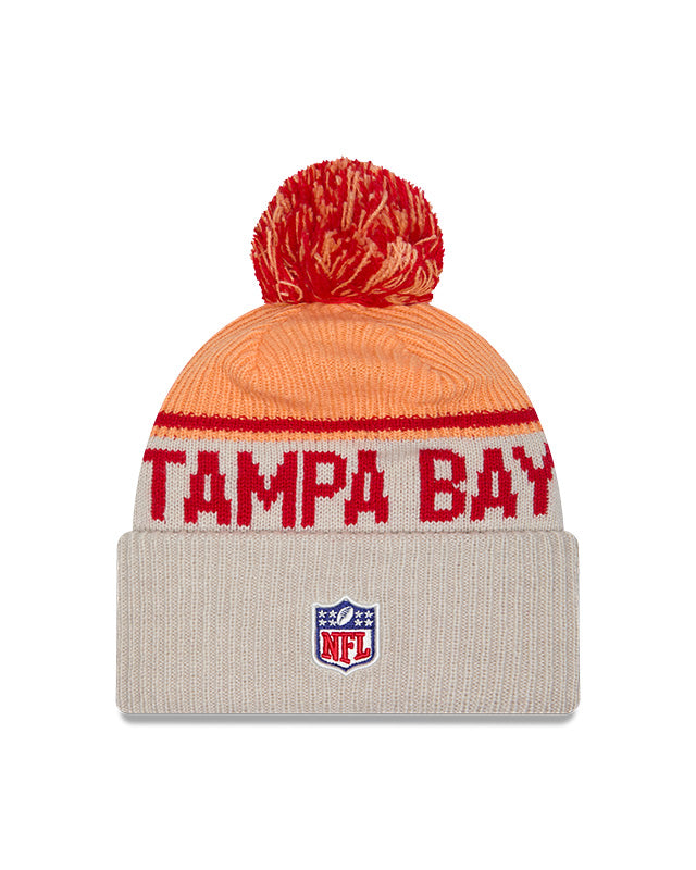 Tampa Bay Buccaneers 2024 New Era NFL Sideline Historic Cuffed Pom Knit - Cream - Pro League Sports Collectibles Inc.