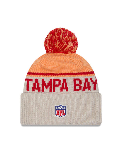 Tampa Bay Buccaneers 2024 New Era NFL Sideline Historic Cuffed Pom Knit - Cream - Pro League Sports Collectibles Inc.