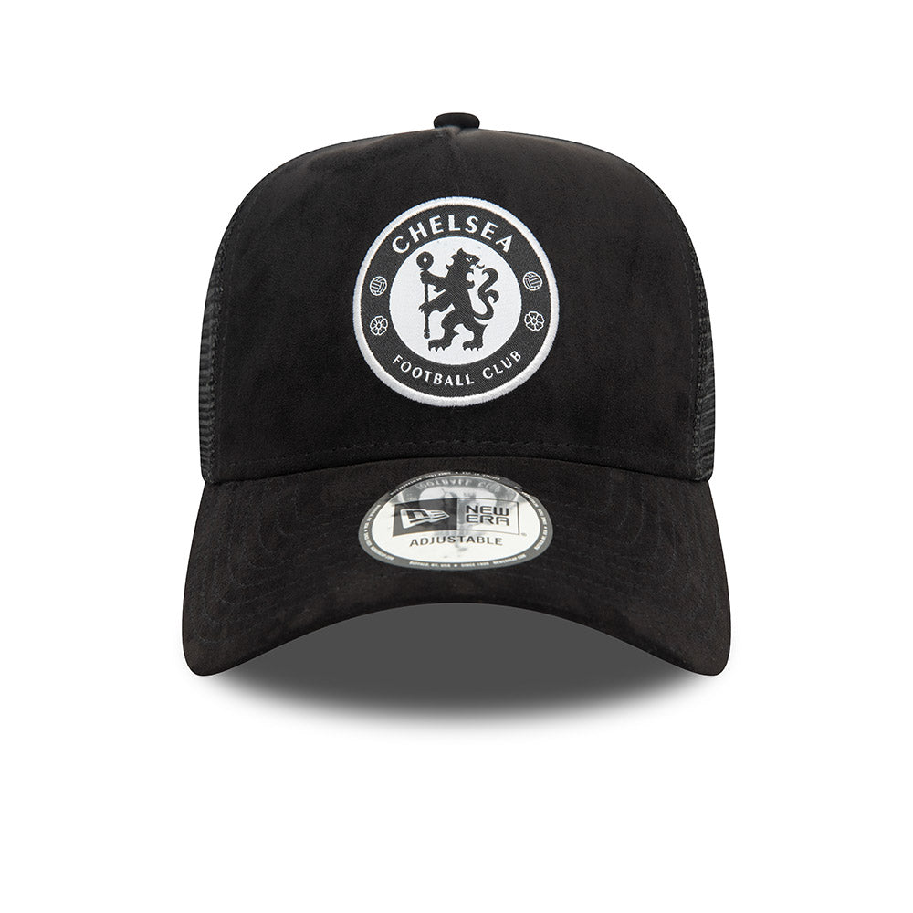 Chelsea Football Club White Logo Suede Black Trucker New Era Adjustable Hat