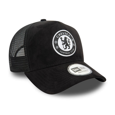 Chelsea Football Club White Logo Suede Black Trucker New Era Adjustable Hat