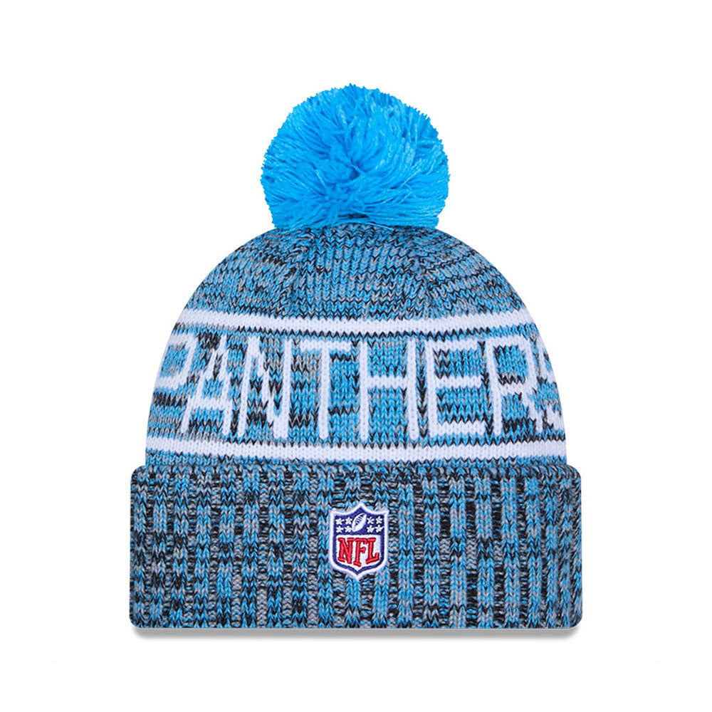Carolina Panthers New Era 2025 Sideline Cold Weather Cuffed Knit Hat with Pom
