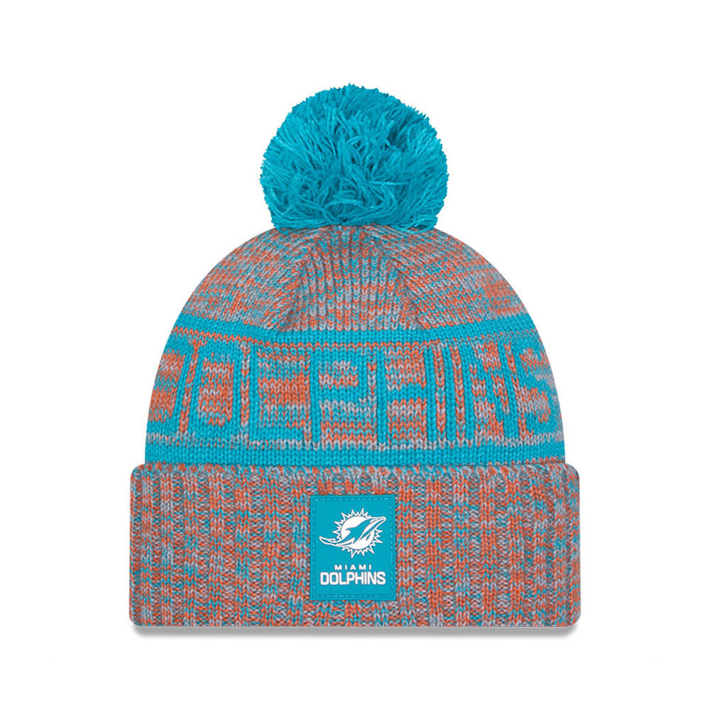 Miami Dolphins New Era 2025 Sideline Cold Weather Cuffed Knit Hat with Pom
