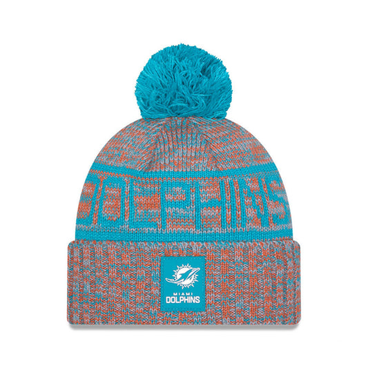 Miami Dolphins New Era 2025 Sideline Cold Weather Cuffed Knit Hat with Pom