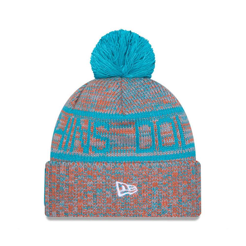 Miami Dolphins New Era 2025 Sideline Cold Weather Cuffed Knit Hat with Pom