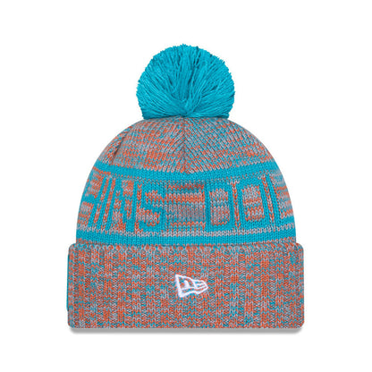 Miami Dolphins New Era 2025 Sideline Cold Weather Cuffed Knit Hat with Pom