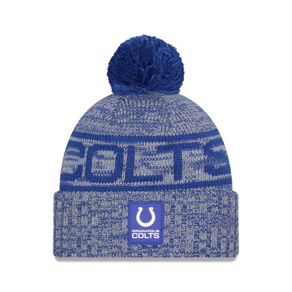 Indianapolis Colts New Era 2025 Sideline Cold Weather Cuffed Knit Hat with Pom