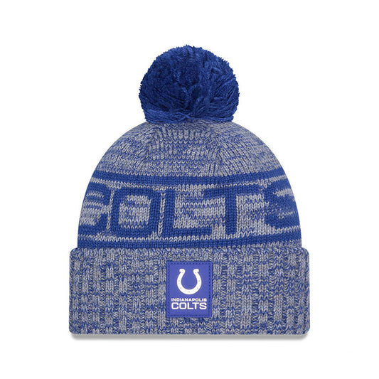Indianapolis Colts New Era 2025 Sideline Cold Weather Cuffed Knit Hat with Pom