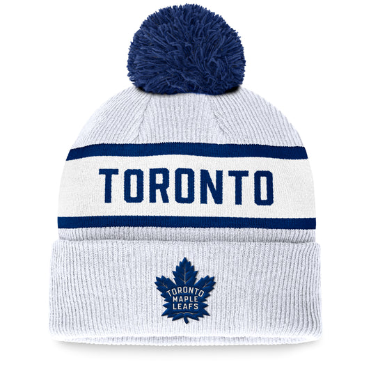 Toronto Maple Leafs Fanatics Branded White Fundamental Wordmark Cuffed Knit Hat with Pom - Pro League Sports Collectibles Inc.