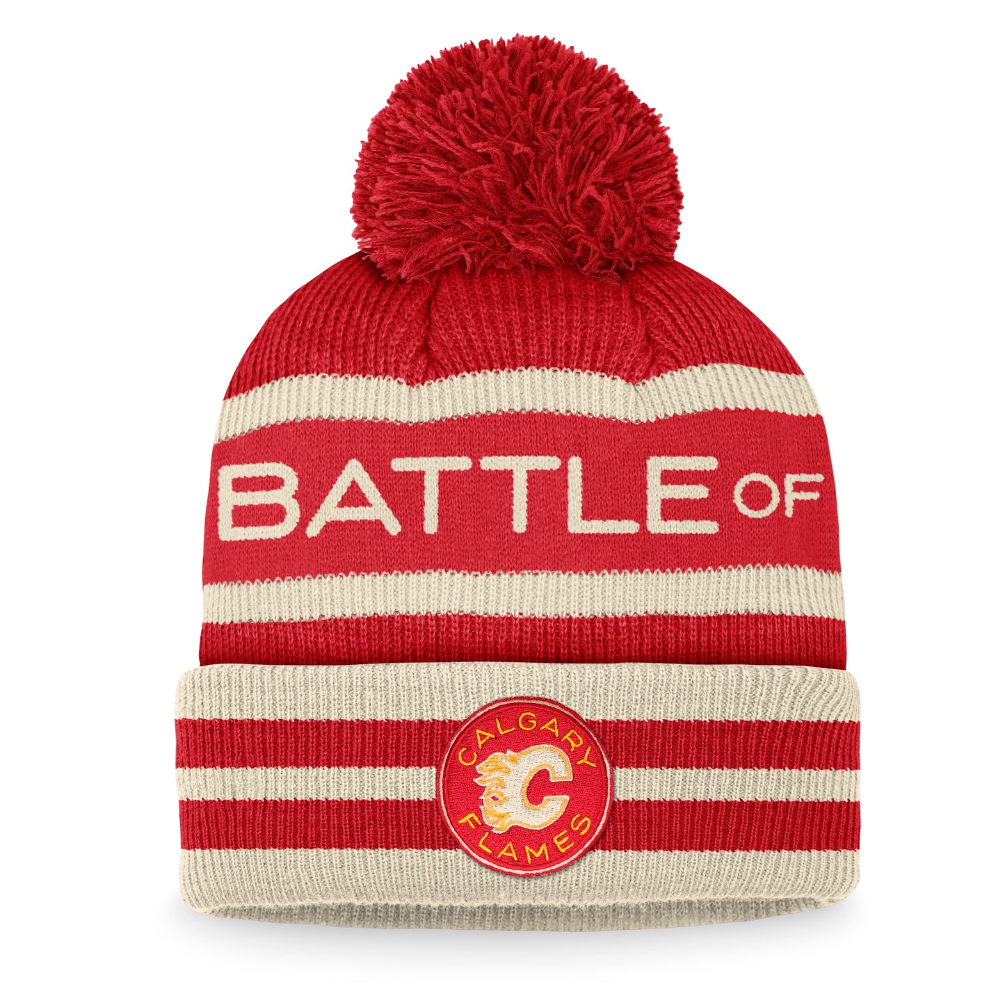 Calgary Flames Fanatics Branded Cream-Red 2023 NHL Heritage Classic Cuffed Pom Knit Hat - Pro League Sports Collectibles Inc.