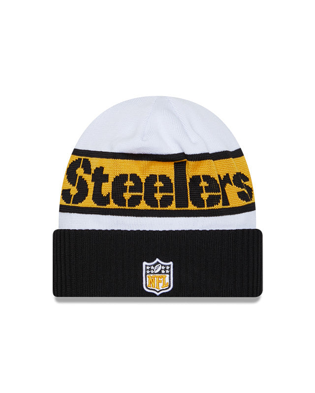 Pittsburgh Steelers New Era 2023 Sideline Tech Cuffed Knit Hat - White/Black - Pro League Sports Collectibles Inc.