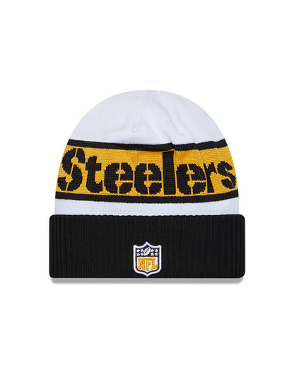 Pittsburgh Steelers New Era 2023 Sideline Tech Cuffed Knit Hat - White/Black - Pro League Sports Collectibles Inc.