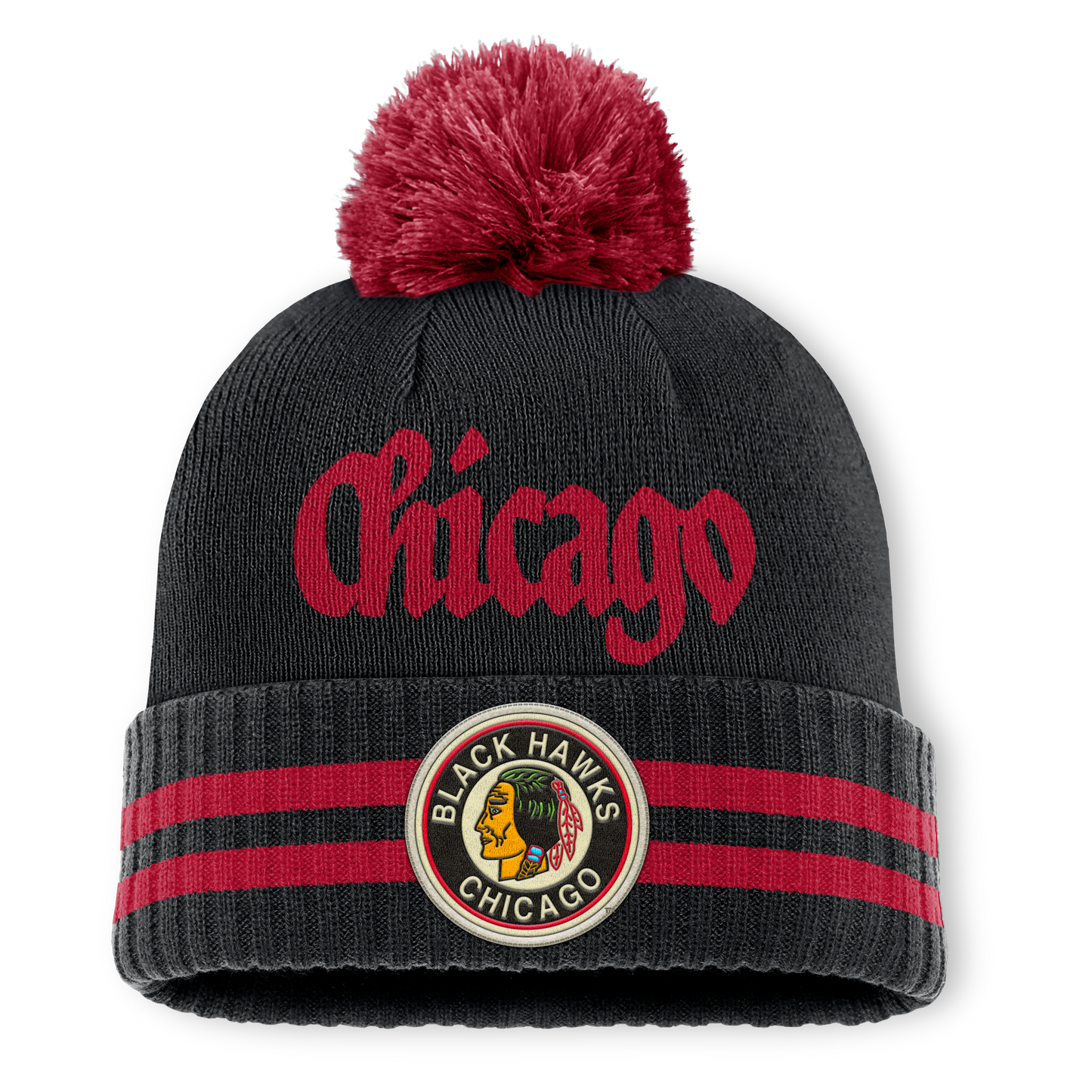 Chicago Blackhawks Fanatics Heritage Blind Side Cuff Knit Toque with Pom - Black