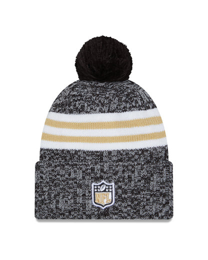 New Orleans Saints New Era 2023 Sideline - Sport Cuffed Pom Knit Hat - Black - Pro League Sports Collectibles Inc.