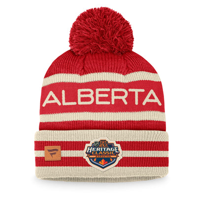 Calgary Flames Fanatics Branded Cream-Red 2023 NHL Heritage Classic Cuffed Pom Knit Hat - Pro League Sports Collectibles Inc.