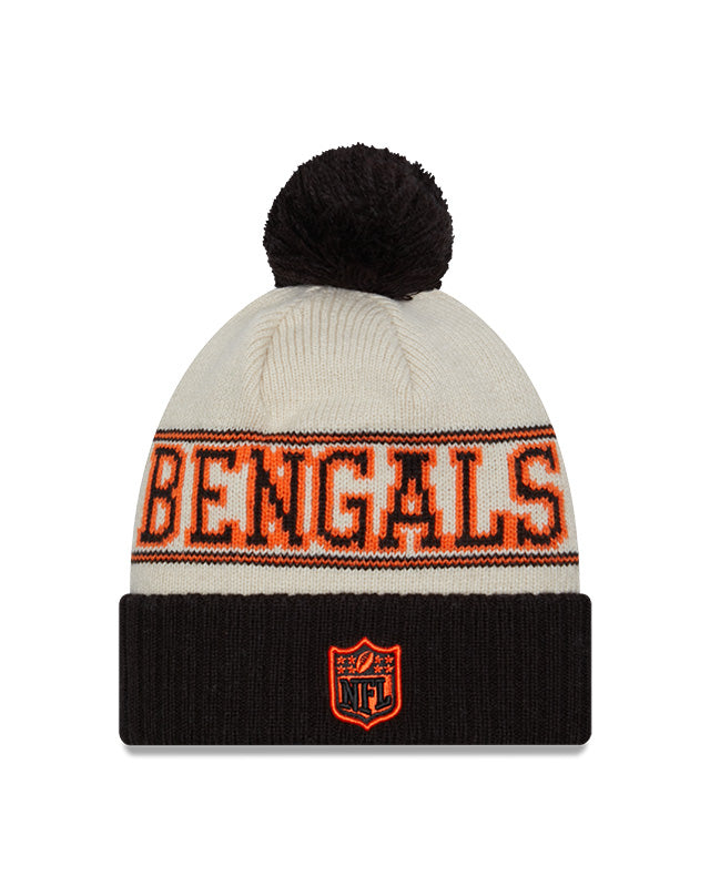 Cincinnati Bengals New Era 2023 Sideline Historic Pom Cuffed Knit Hat - Cream/Browns - Pro League Sports Collectibles Inc.