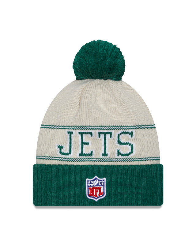 New York Jets New Era 2023 Sideline Historic Pom Cuffed Knit Hat - Cream/Green - Pro League Sports Collectibles Inc.