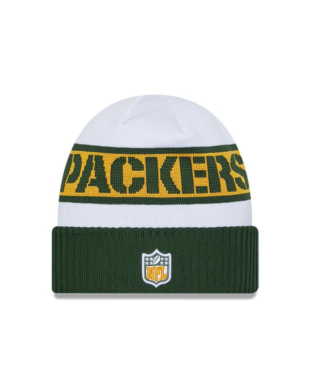 Green Bay Packers New Era 2023 Sideline Tech Cuffed Knit Hat - White/Green - Pro League Sports Collectibles Inc.