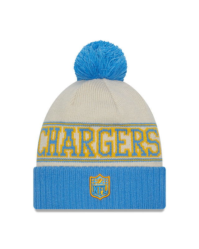 Los Angeles Chargers New Era 2023 Sideline Historic Pom Cuffed Knit Hat - Cream/Blue - Pro League Sports Collectibles Inc.