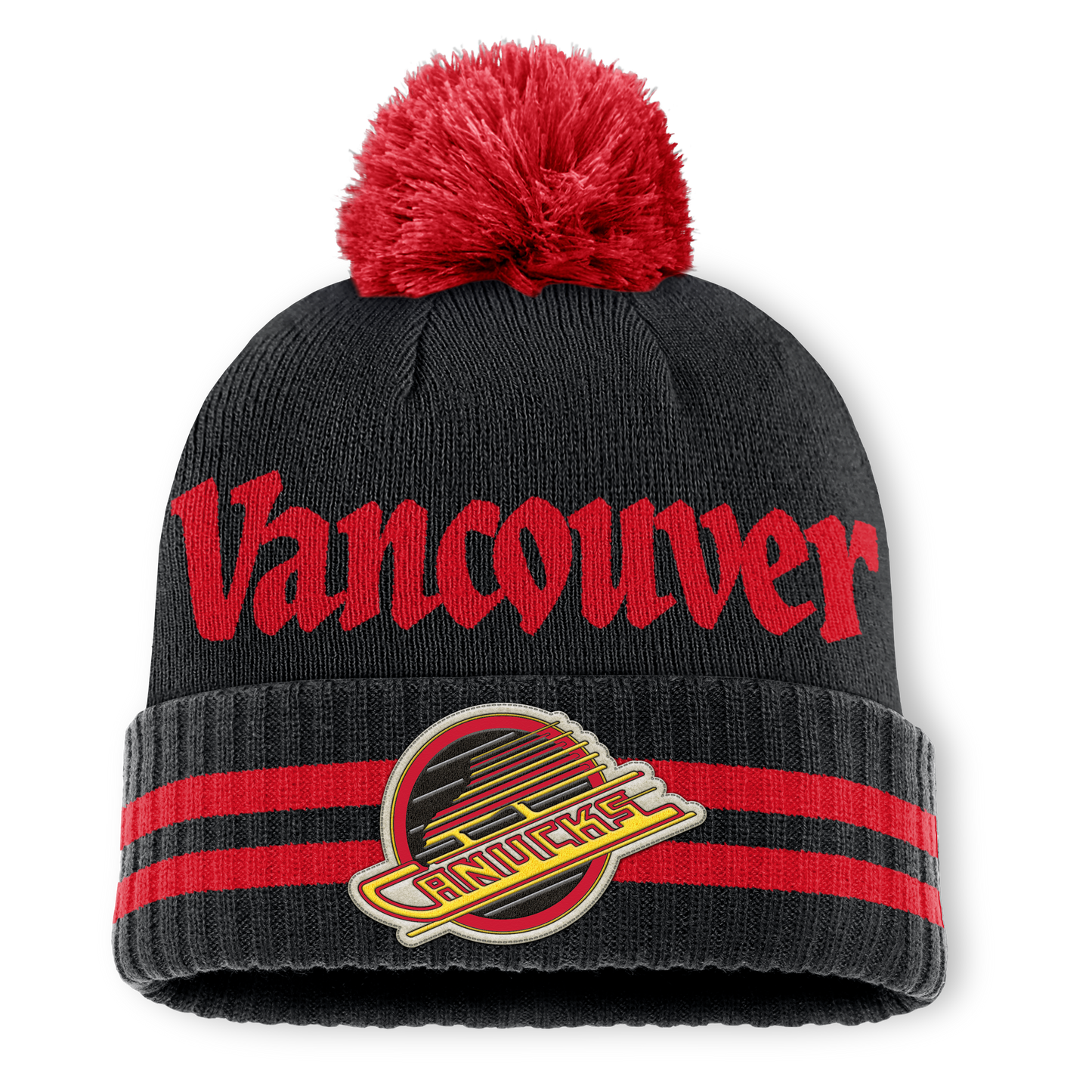 Vancouver Canucks Fanatics Heritage Blind Side Cuff Knit Toque with Pom - Black/Red