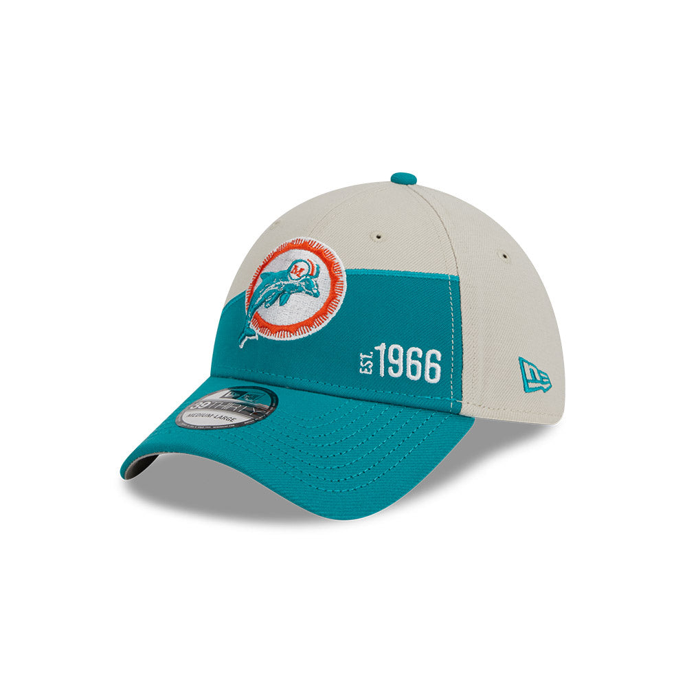 Miami Dolphins New Era 2023 Historic Sideline 39THIRTY Flex Hat - Cream/Teal - Pro League Sports Collectibles Inc.