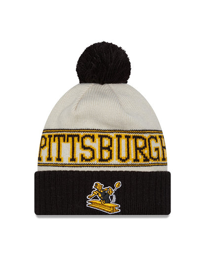 Pittsburgh Steelers New Era 2023 Sideline Historic Pom Cuffed Knit Hat - Cream/Bla - Pro League Sports Collectibles Inc.