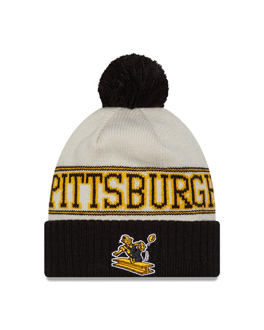 Pittsburgh Steelers New Era 2023 Sideline Historic Pom Cuffed Knit Hat - Cream/Black - Pro League Sports Collectibles Inc.