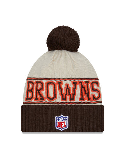 Cleveland Browns New Era 2023 Sideline Historic Pom Cuffed Knit Hat - Cream/Brown - Pro League Sports Collectibles Inc.