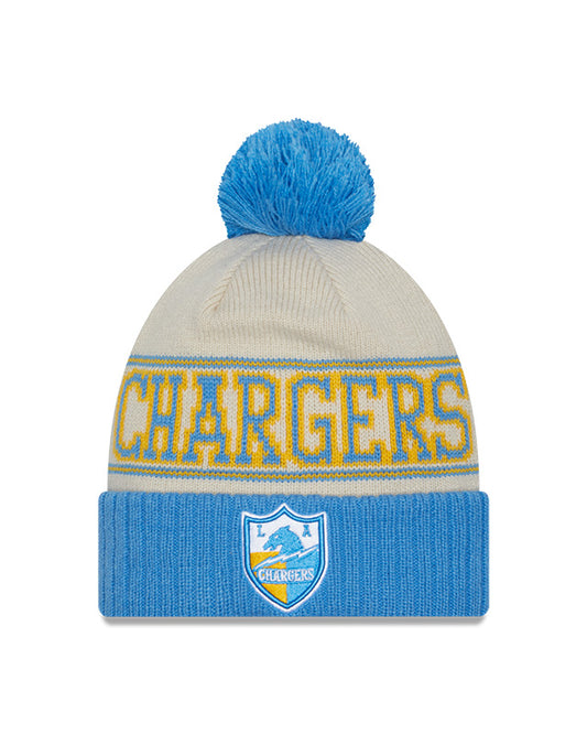 Los Angeles Chargers New Era 2023 Sideline Historic Pom Cuffed Knit Hat - Cream/Blue - Pro League Sports Collectibles Inc.