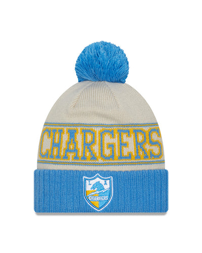 Los Angeles Chargers New Era 2023 Sideline Historic Pom Cuffed Knit Hat - Cream/Blue - Pro League Sports Collectibles Inc.