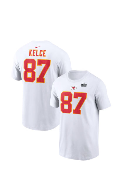 Travis Kelce #87 Kansas City Chiefs SUPER-BOWL  Nike - Name & Number White T-Shirt