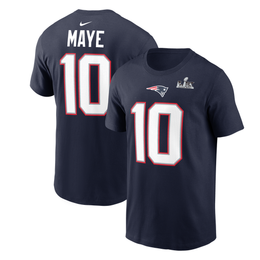 Drake Maye #10 New England Patriots Nike Super Bowl Bound - Name & Number Navy T-Shirt