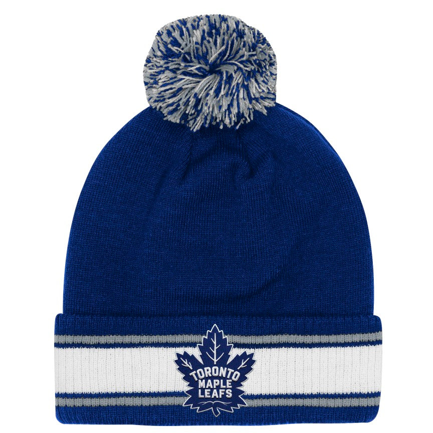 Youth Toronto Maple Leafs Royal Stripes Cuffed Knit Toque with Pom