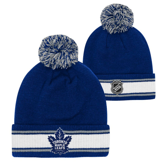 Youth Toronto Maple Leafs Royal Stripes Cuffed Knit Toque with Pom