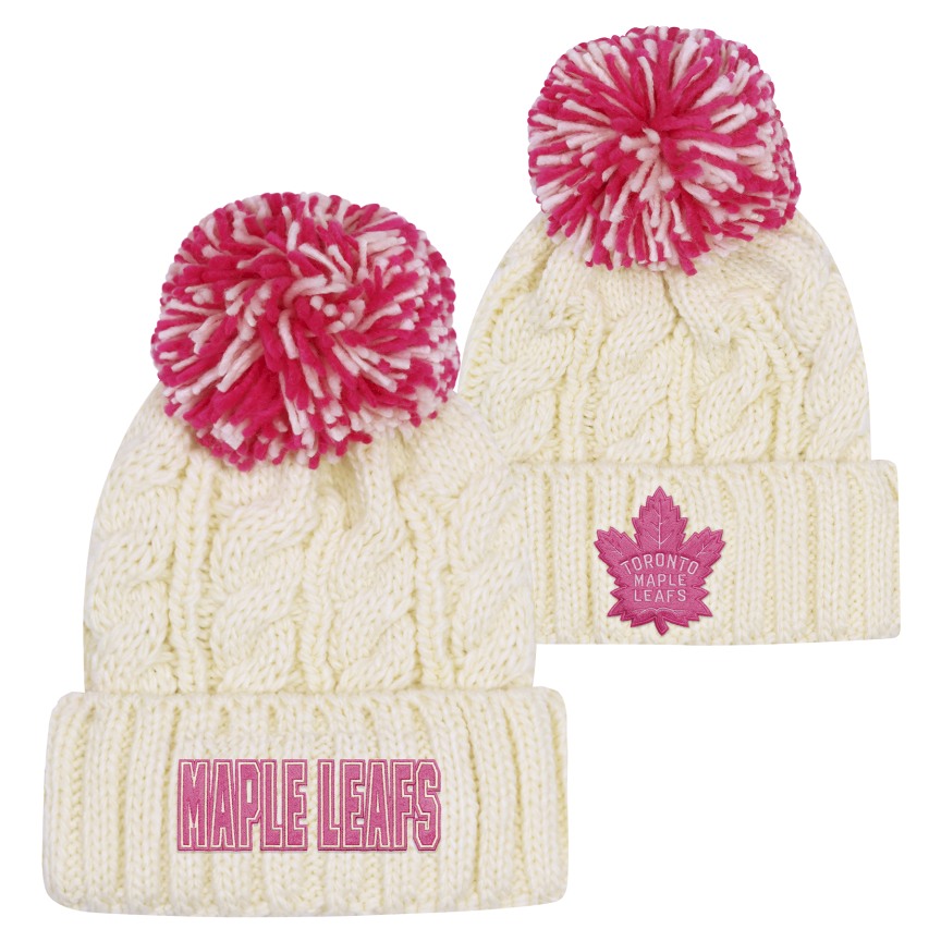 Youth Girls Toronto Maple Leafs Block Knit Pom Toque - Off-White / PInk