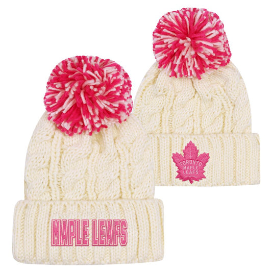 Youth Girls Toronto Maple Leafs Block Knit Pom Toque - Off-White / PInk