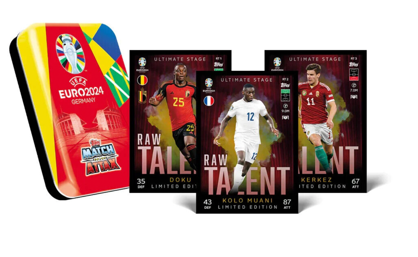 2024 Topps UEFA Euro Cup Match Attax Mini Tin "Raw Talent" 28 Cards + 3 Limited - Pro League Sports Collectibles Inc.