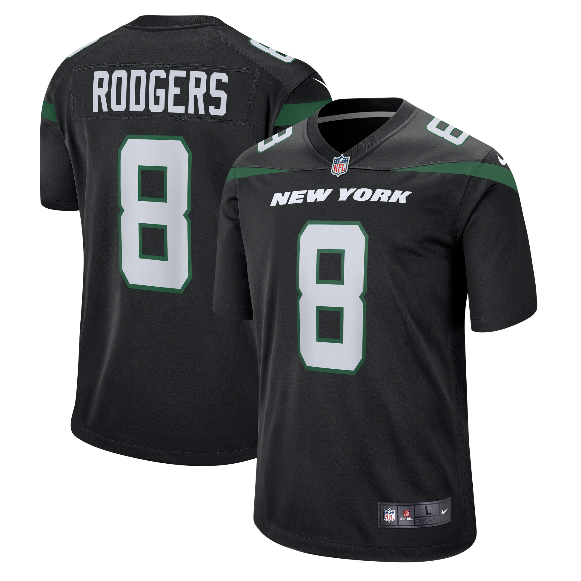 Aaron Rodgers #8 New York Jets - Alternate Nike Game Finished Player Jersey- Black - Pro League Sports Collectibles Inc.