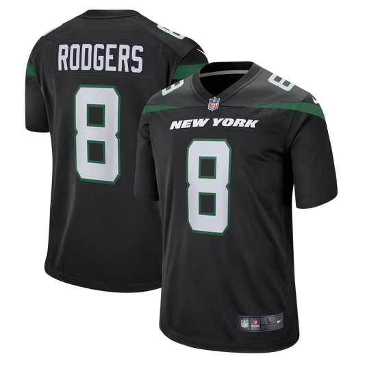 Aaron Rodgers #8 New York Jets - Alternate Nike Game Finished Player Jersey- Black - Pro League Sports Collectibles Inc.