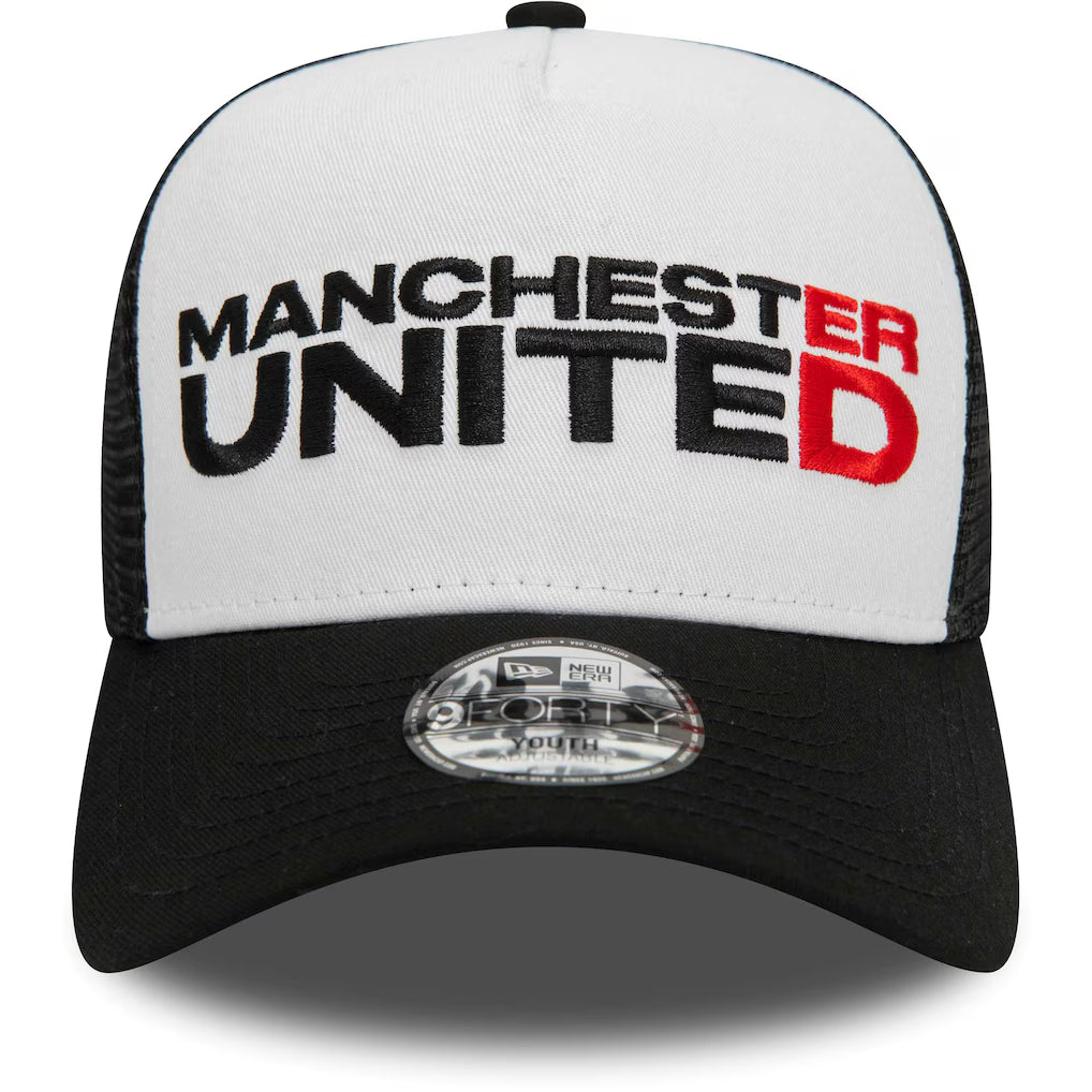 Youth Manchester United New Era Wordmark E-Frame 9FORTY Trucker Adjustable Hat - Black