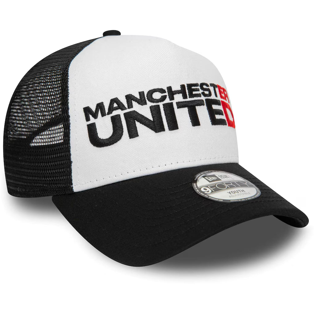 Youth Manchester United New Era Wordmark E-Frame 9FORTY Trucker Adjustable Hat - Black