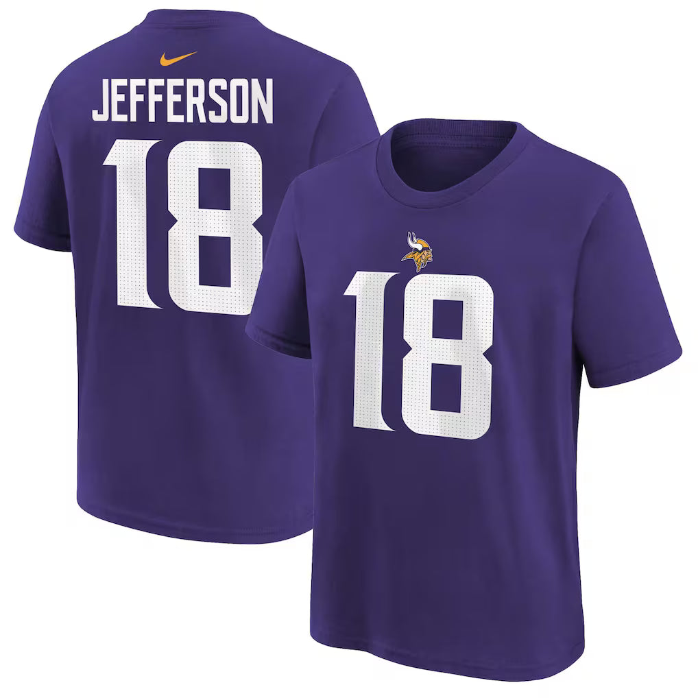 Youth Minnesota Vikings #18 Justin Jefferson Name & # T-Shirt - Purple