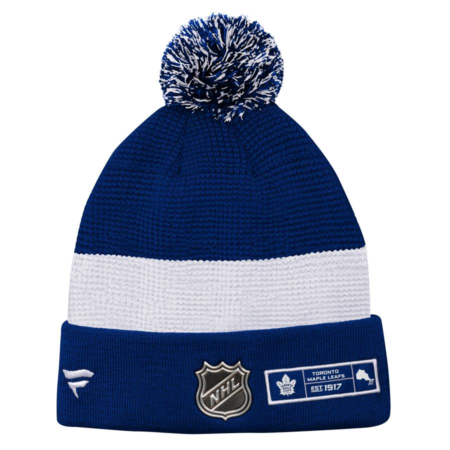 Youth Toronto Maple Leafs Fanatics Brand Authentic Pro NHL Draft 2020 Blue/White Cuffed Knit Pom Toque - Pro League Sports Collectibles Inc.